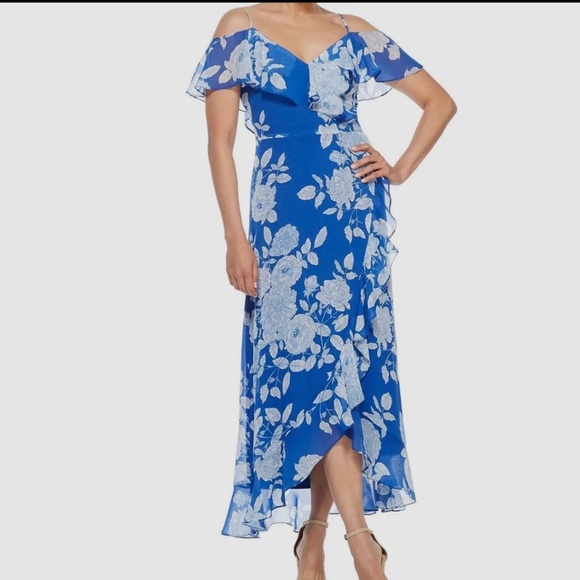 London Times Blue V-Neck Ruffle Cold Shoulder Maxi Dress Petite Size US 10P NWT - Picture 1 of 7